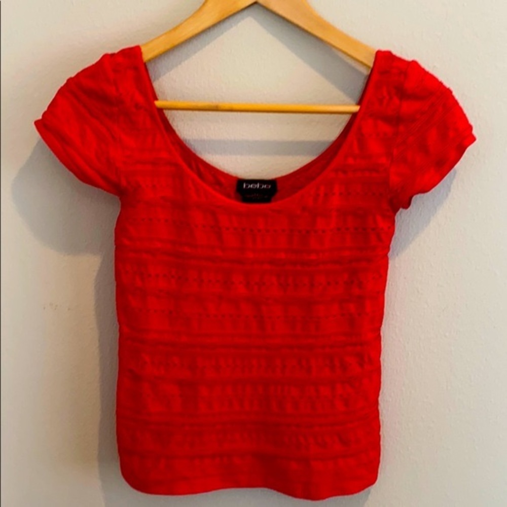 Y2K Bebe Red Nylon Stretch Ribbed Crochet Lace Scoop Neck Vintage Top T Shirt